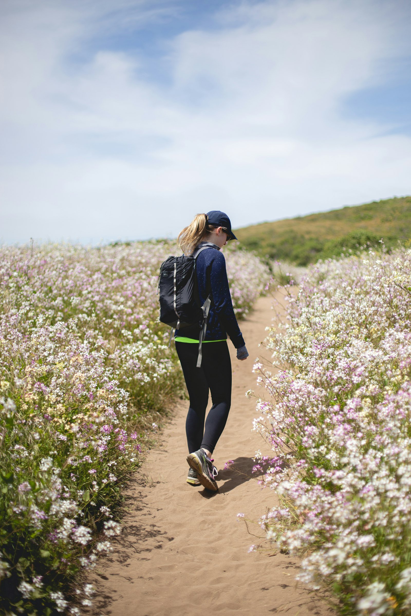 Woman walking along a path between flower fields