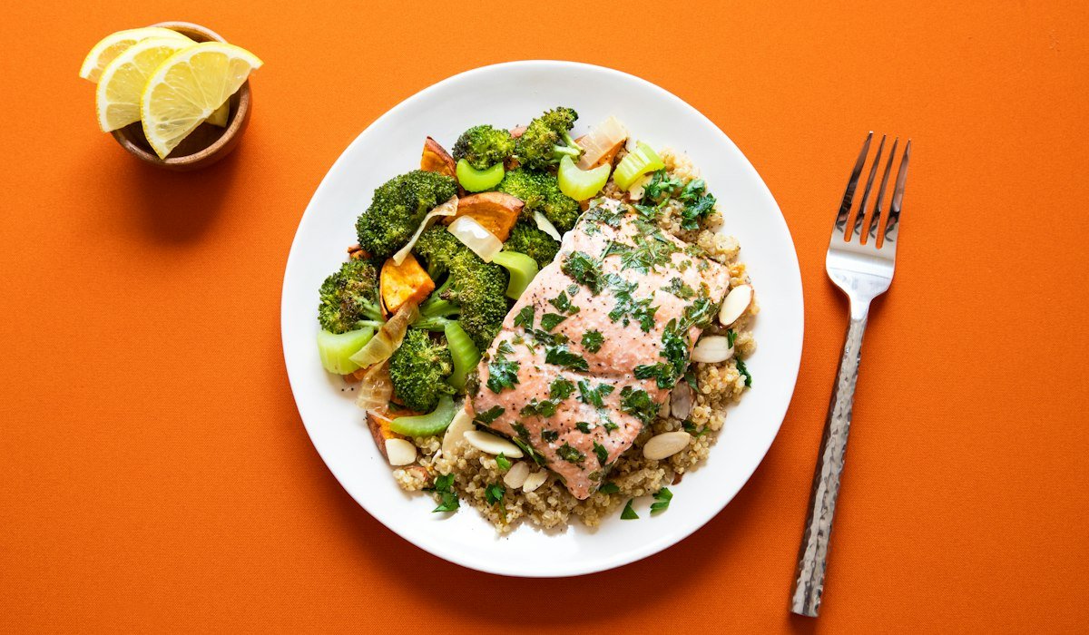 Salmon dinner plate with vegetables